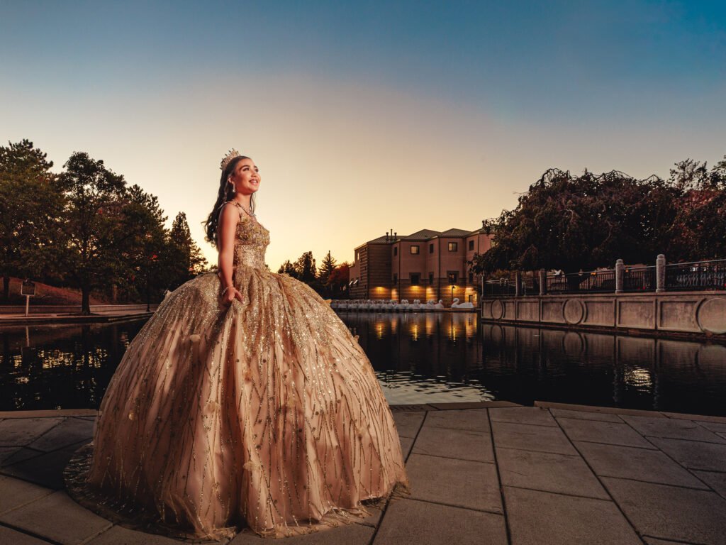 Cinematic view of a Quinceañera at the Indianapolis Canal with city architecture