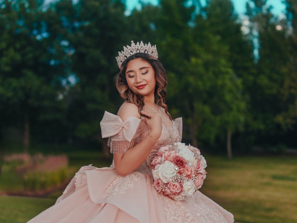 Serene Quinceanera in pink gown, golden hour cinematic portrait at Coxhall Gardens, Indianapolis.