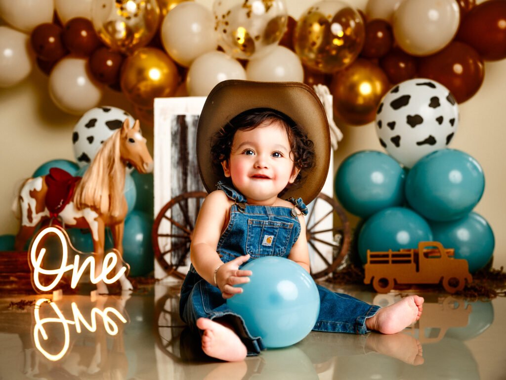 Close up portrait baby boy cowboy outfit cake smash Beech Grove Indiana