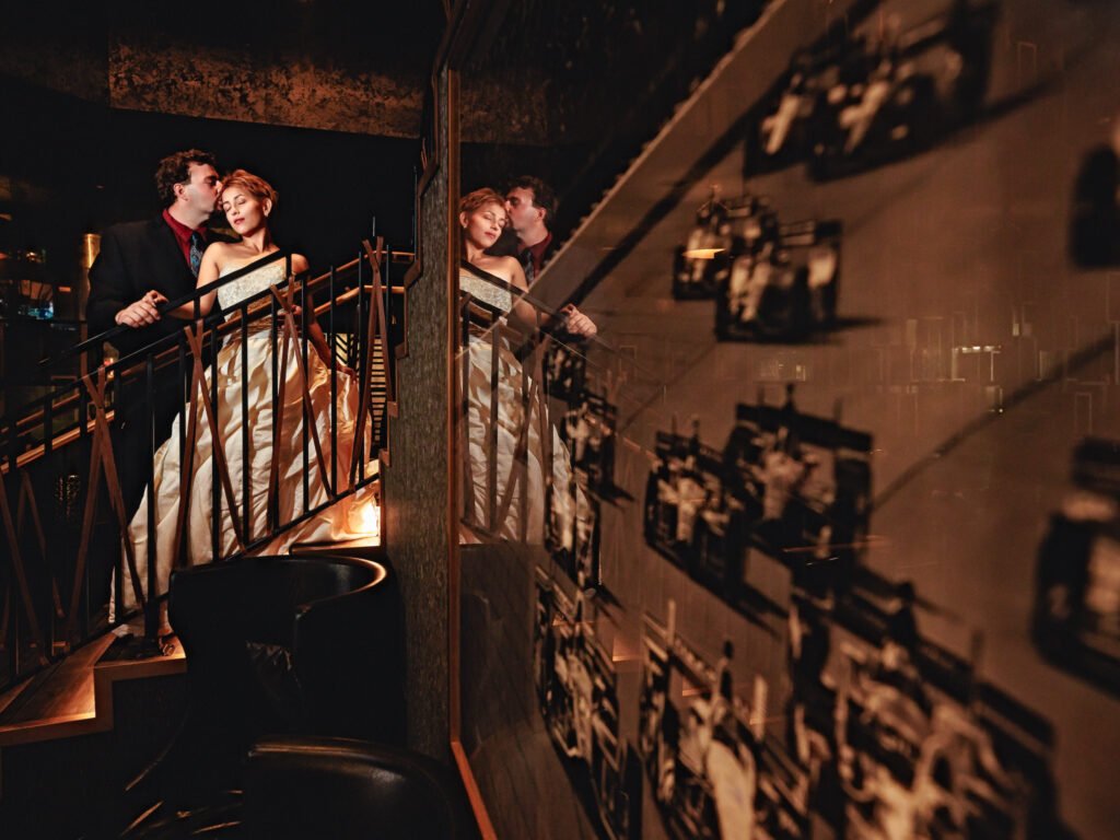 Romantic wedding couple portrait with warm reflections Indiana.