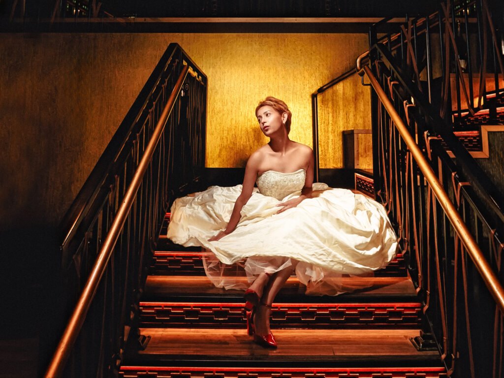 Fine Art bridal portrait on illuminated stairs Indianapolis Wedding Photography.