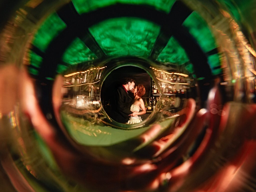 Creative wedding photography using circular reflection techniques in Indiana.