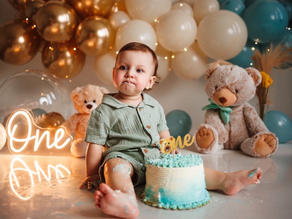 "Baby boy with blue cake in Indianapolis studio..