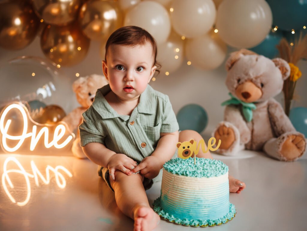 Fine art first birthday portraits with teddy bears."