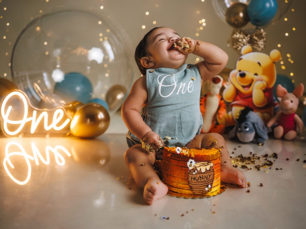 Laughing baby eating honey pot cake, cinematic warm bokeh and fine art atmosphere in Beech Grove studio.